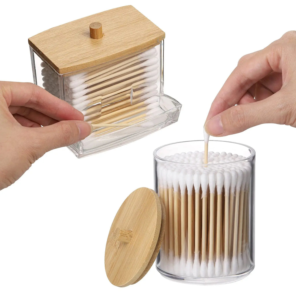 Bathroom Container Wood Lids Cotton Ball Swabs Dispenser Apothecary