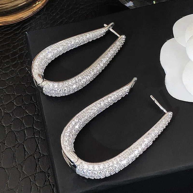 Huitan CZ Geometric Oval Hoop Earrings | Luxury Women's Jewelry
