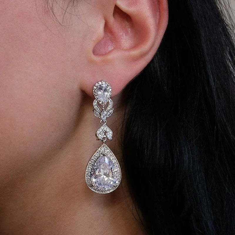 Huitan CZ Drop Earrings – Silver Elegant Wedding Jewelry