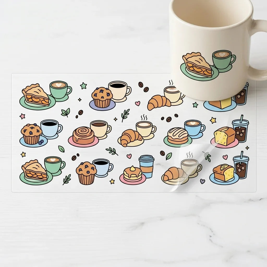 Coffee & Pastry UV Transfer Stickers – Waterproof Cartoon Decals