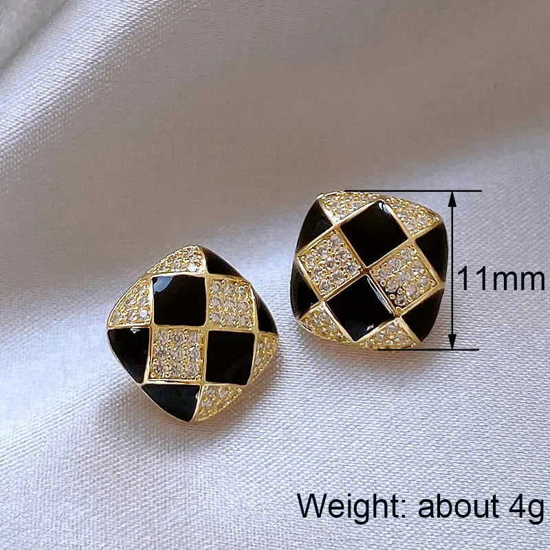 Huitan Gold Grid Stud Earrings – Geometric CZ Fashion Jewelry