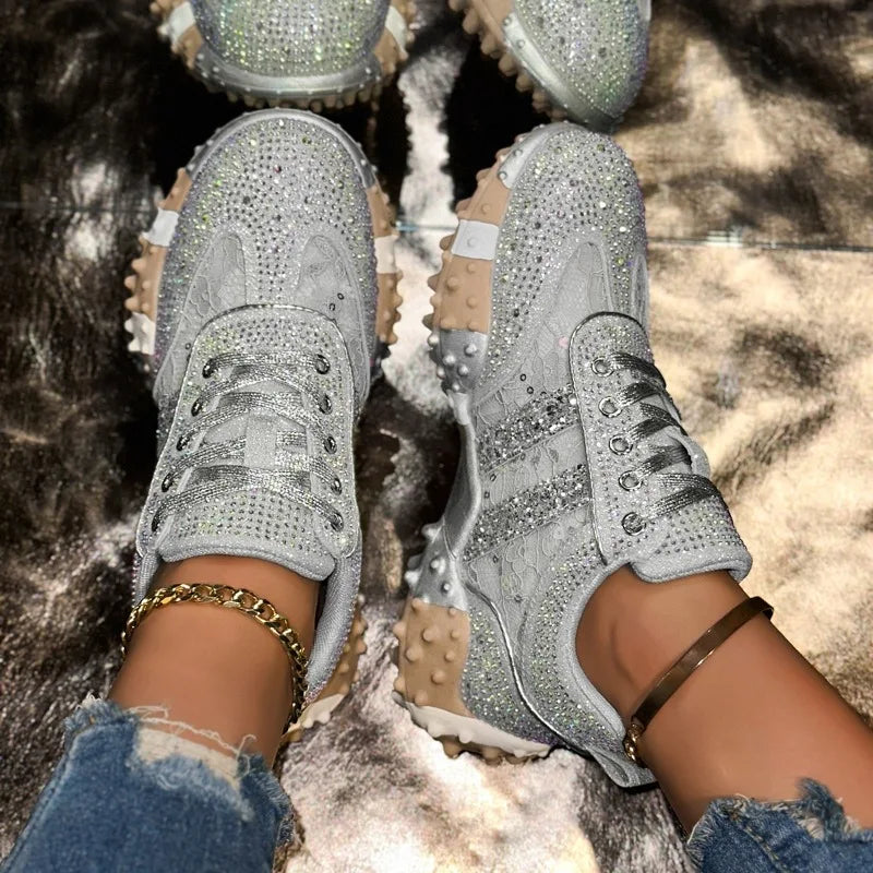 Women's Rhinestone Platform Sneakers – Diamond Mesh Casual Shoes