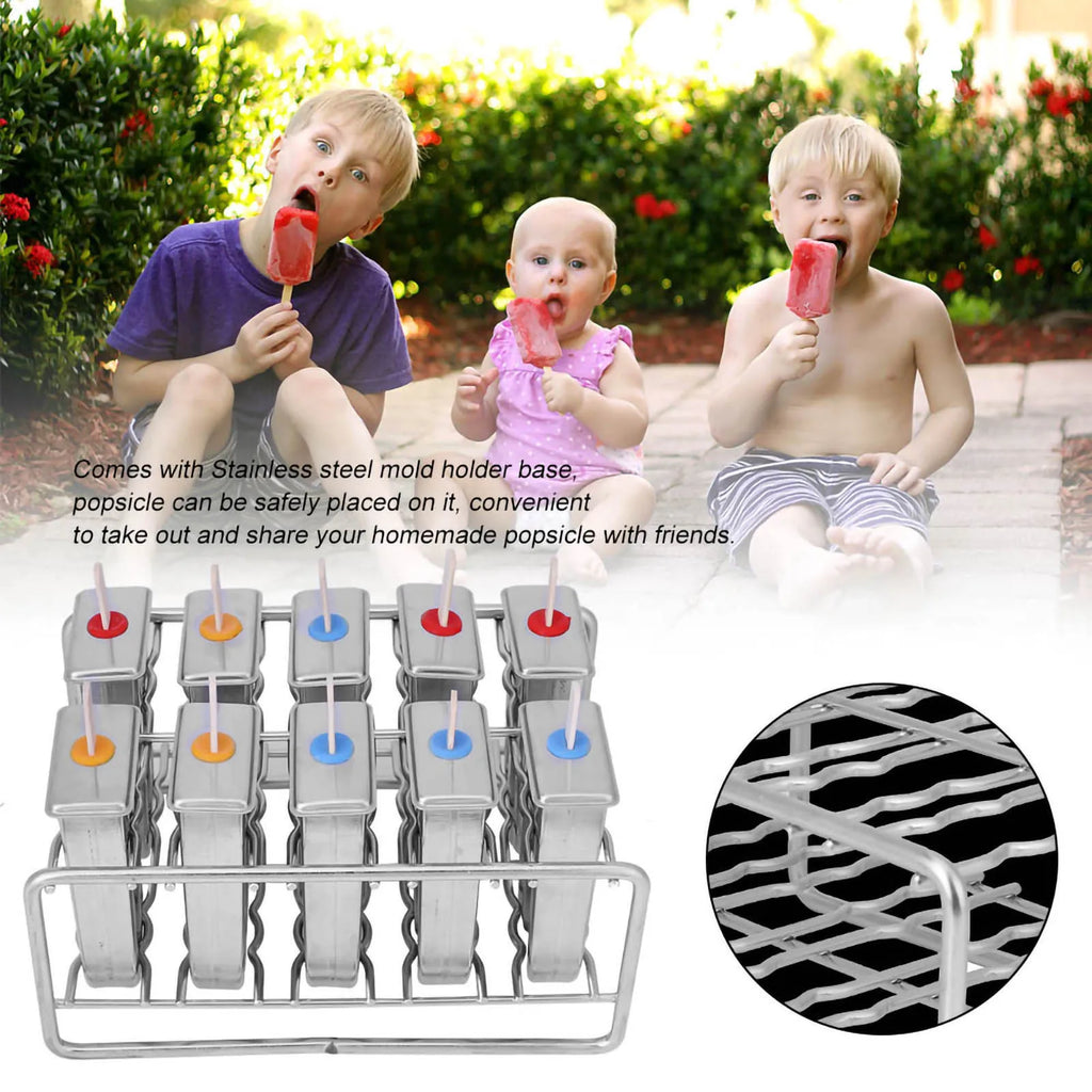 10 Molds Stainless Steel Ice Cream Mould Lolly Popsicle Stick Holder