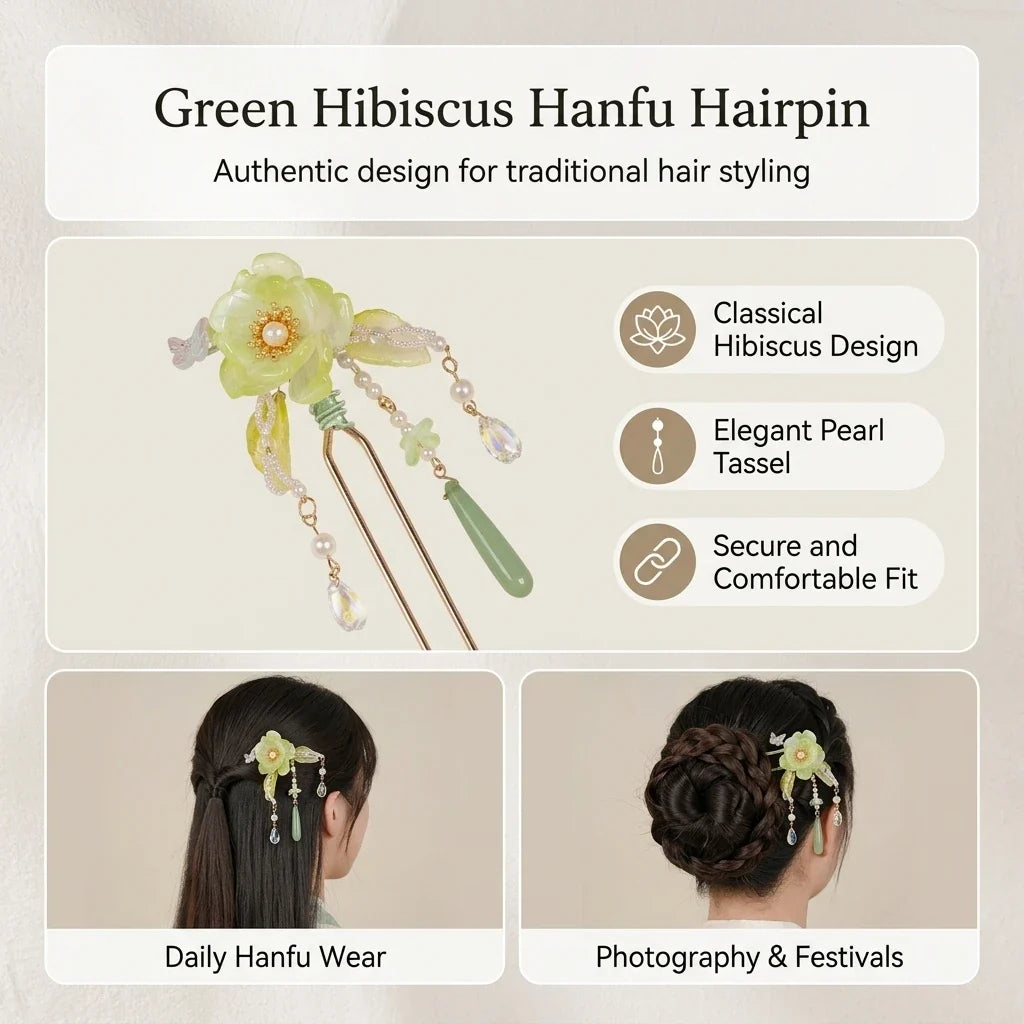 Green Hanfu Hairpin | Alloy Tassel Floral Hair Stick
