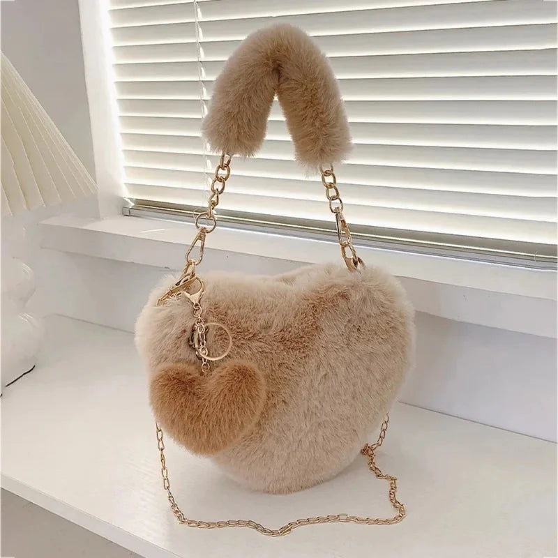 Korean Plush Heart Crossbody Bag – Faux Fur Shoulder Clutch