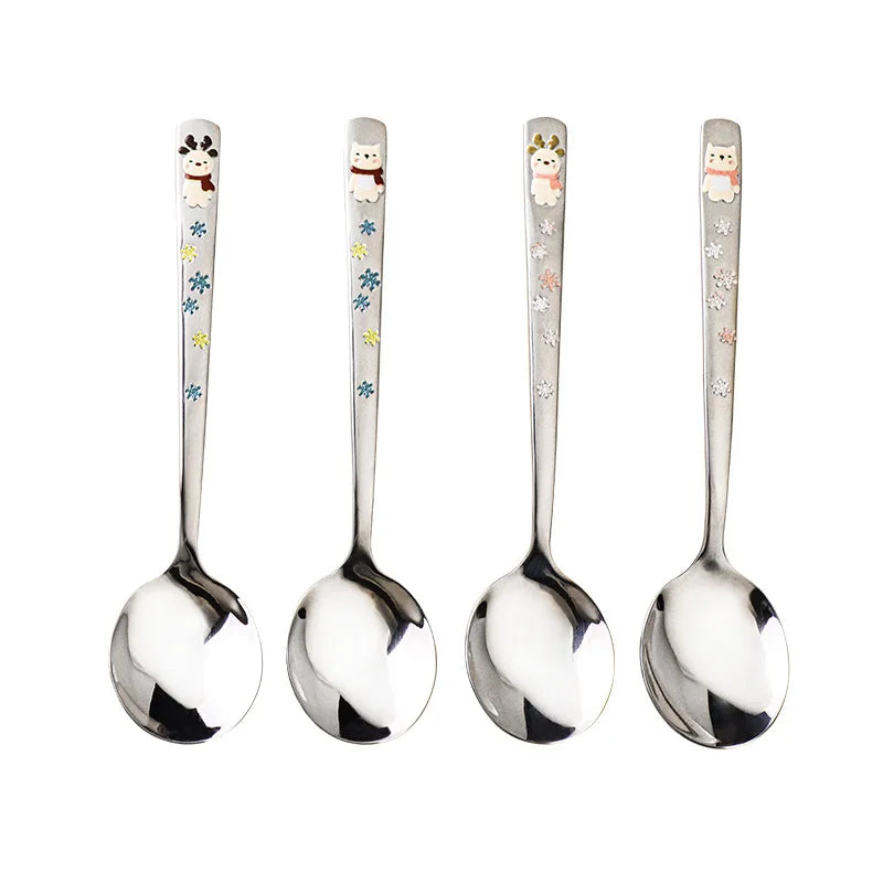 304 Stainless Steel Round Spoon Cartoon Embossed Deer Korean