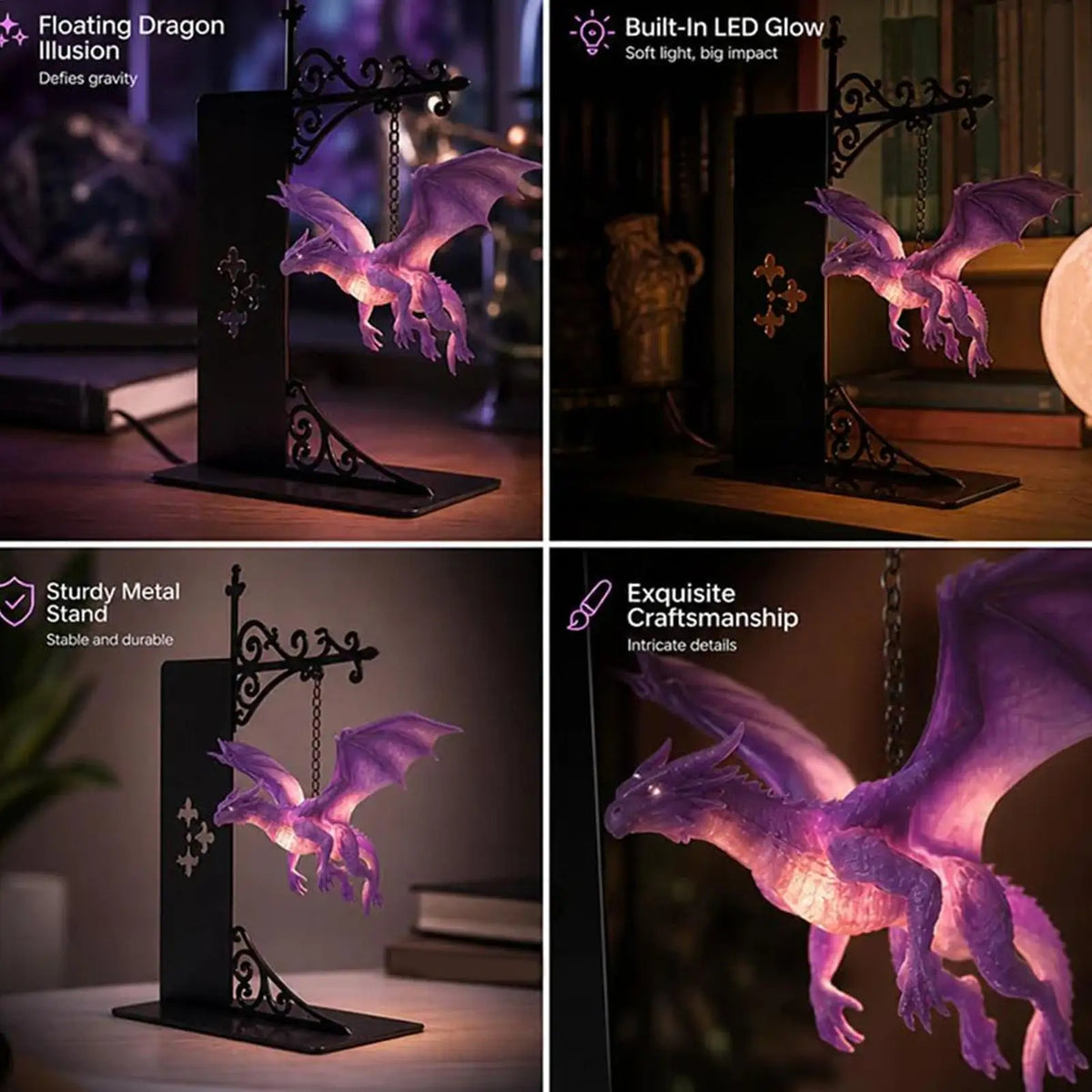 Dragon Bookshelf Lamp – Warm LED Vintage Library Lantern