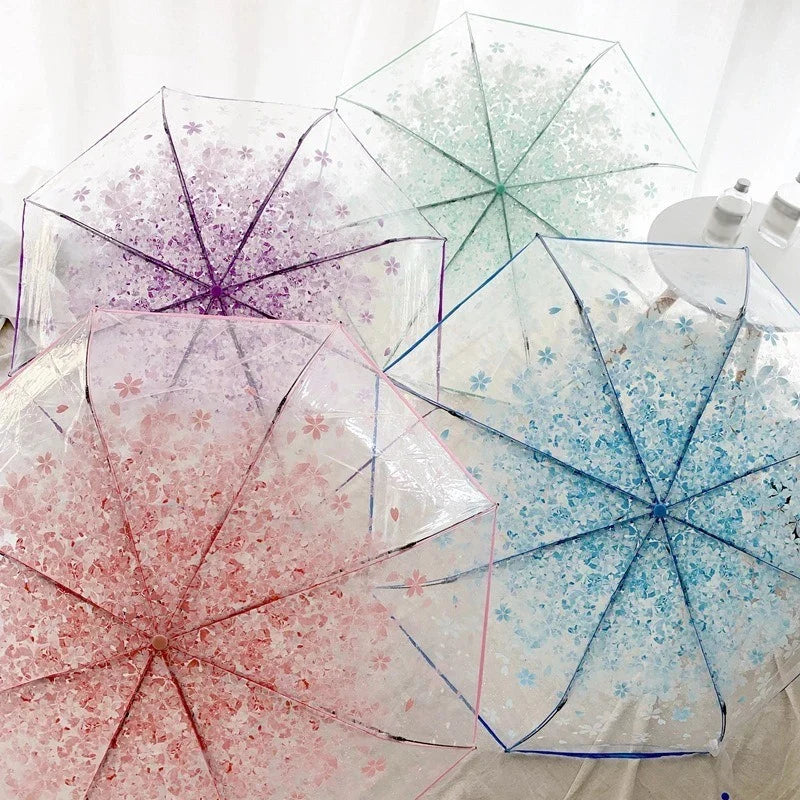 Cherry Blossom Transparent Trifold Umbrella | Korean Style