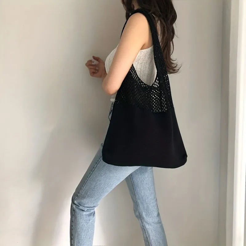 2026 Women's Knit Shoulder Bag Solid Polyester Large Capacity Casual