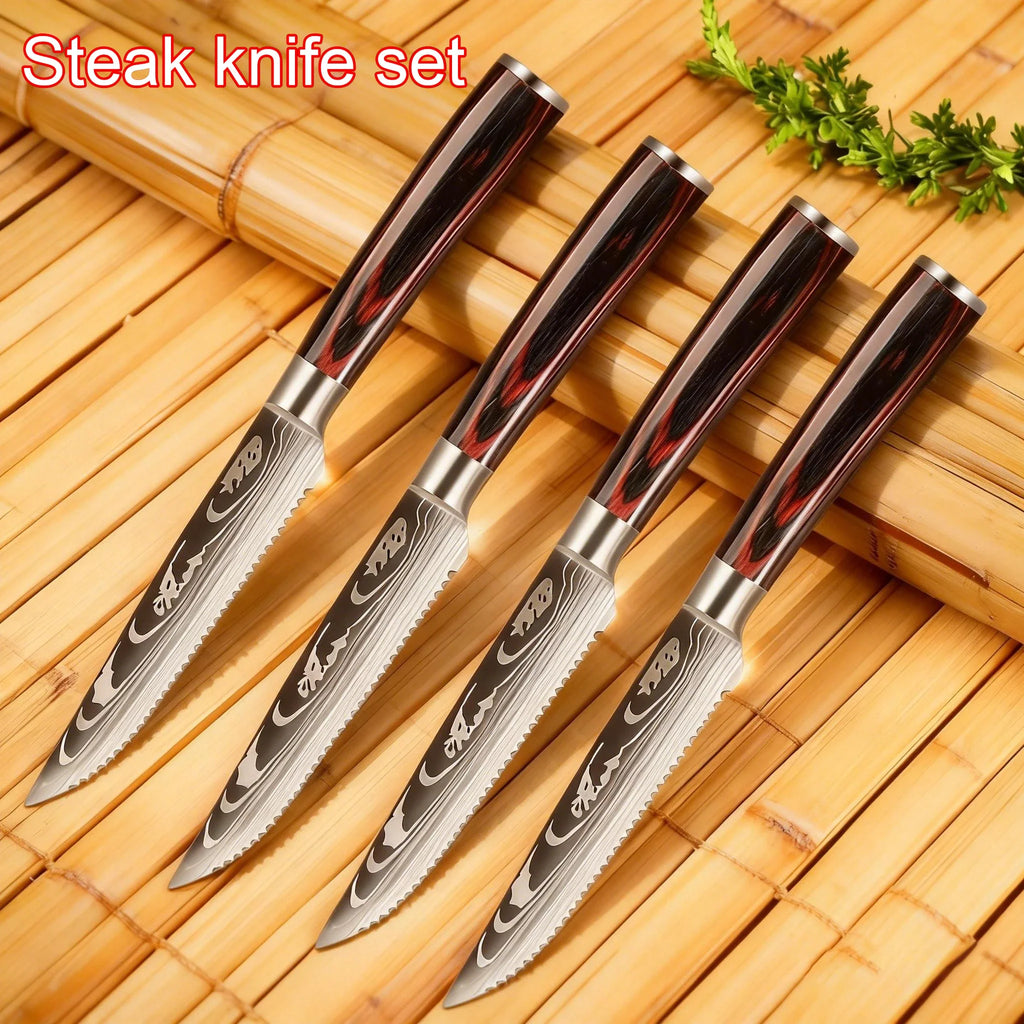 Damascus Steak Knife Set 1–8 Pc | 4.5" Stainless Steel Blades