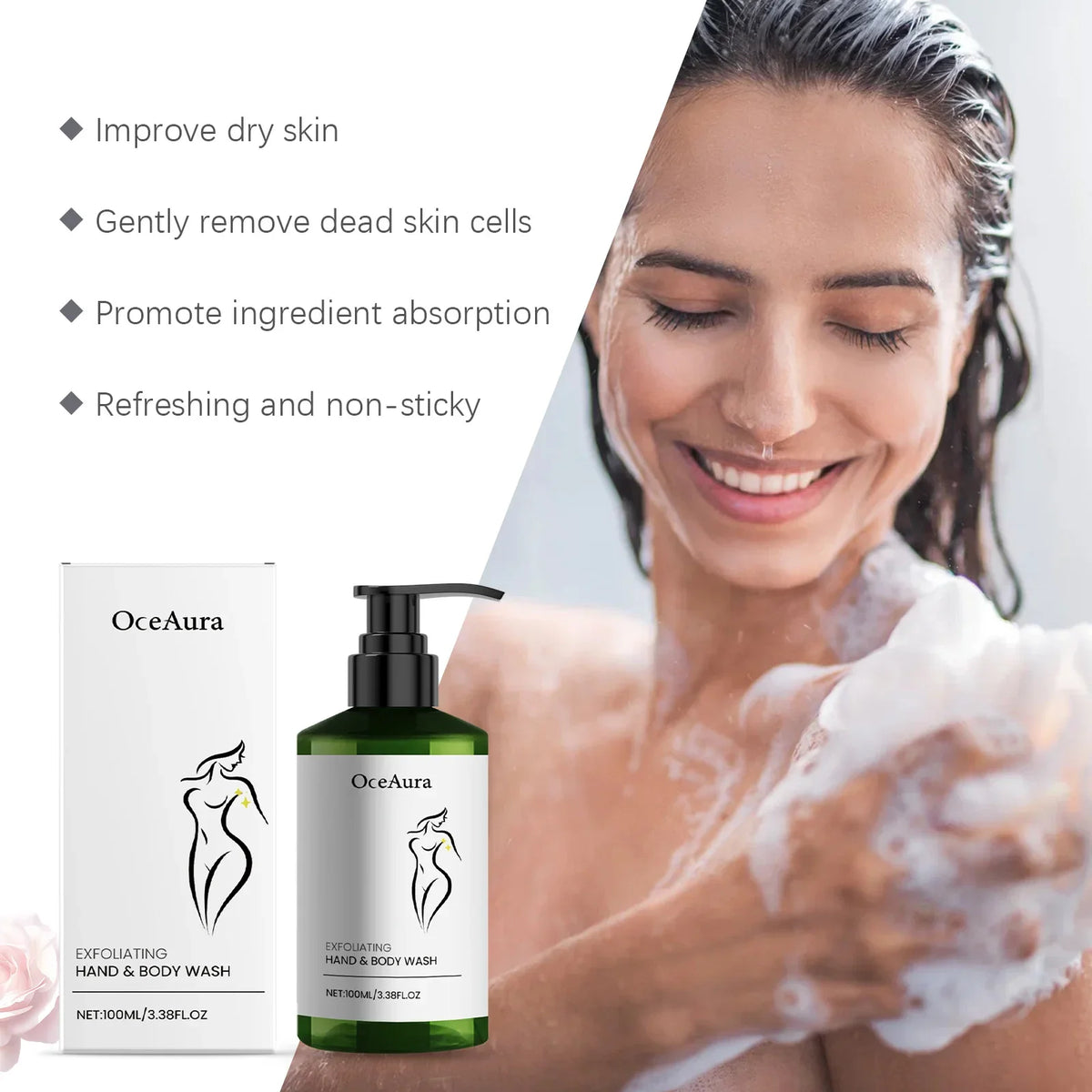 OceAura Rose Shower Gel – Exfoliating & Moisturizing Body Wash