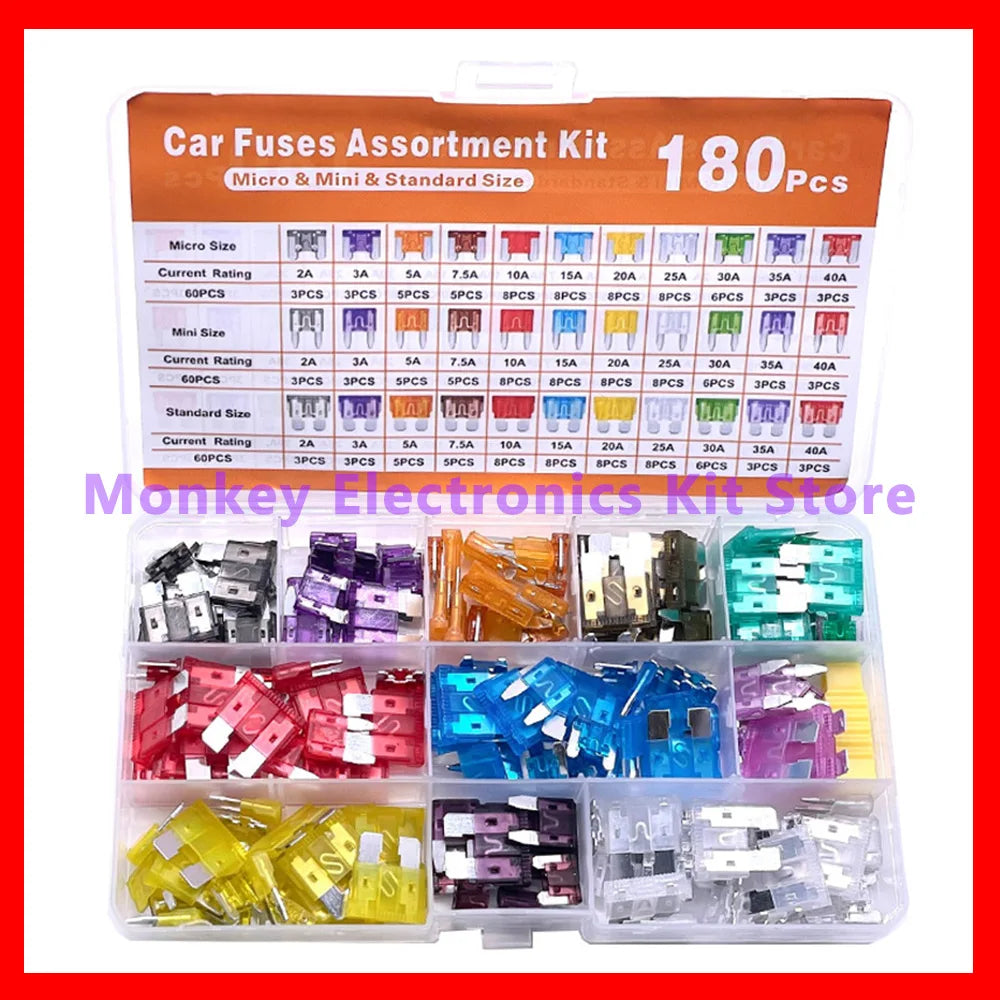 180PCS Car Fuse Assortment Kit – Mini, Standard & Micro Fuses