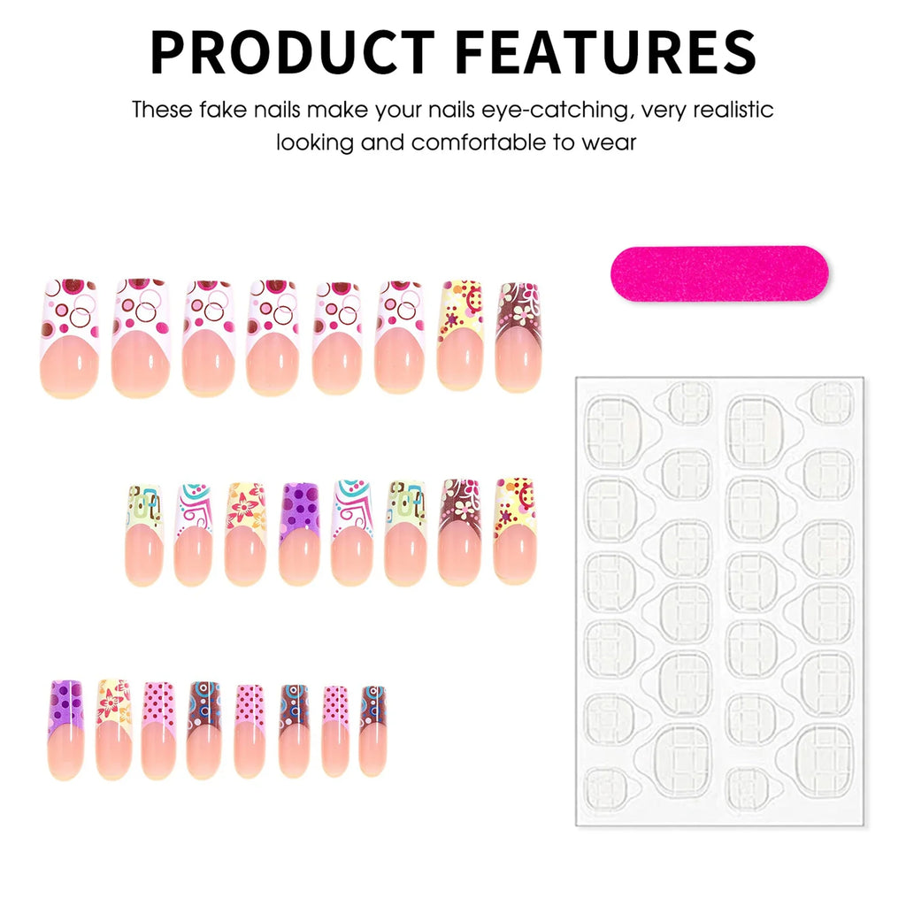 Press Nails French False Red-purple Polka Dot 3D Colorful Flowers