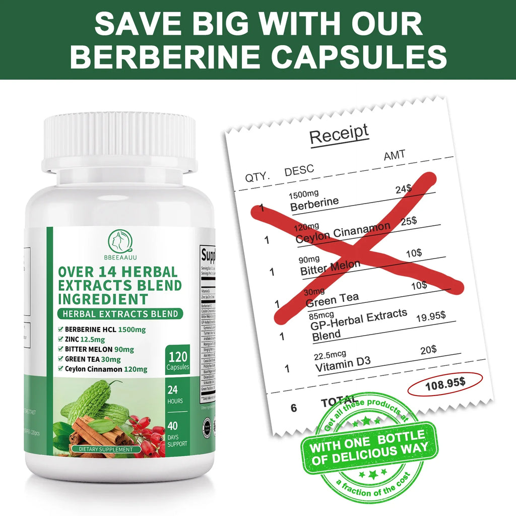 BBEEAAUU Berberine HCL 1500mg – Liver, Gut & Immunity Support with Cinnamon & Bitter Gourd