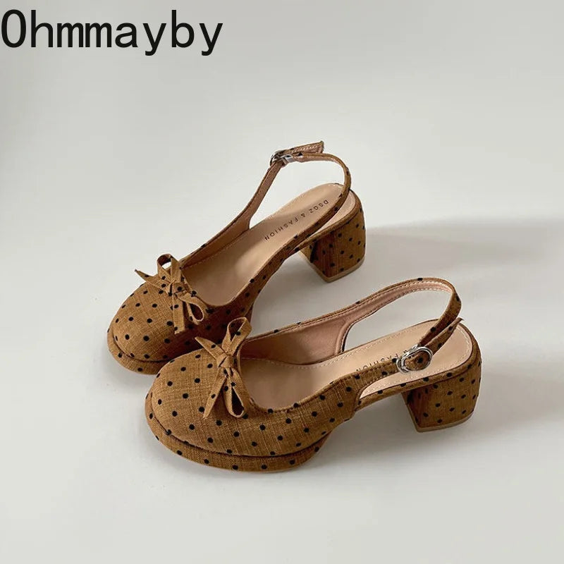 Women's Polka Dot Bow Slingback Sandals | Square Heel