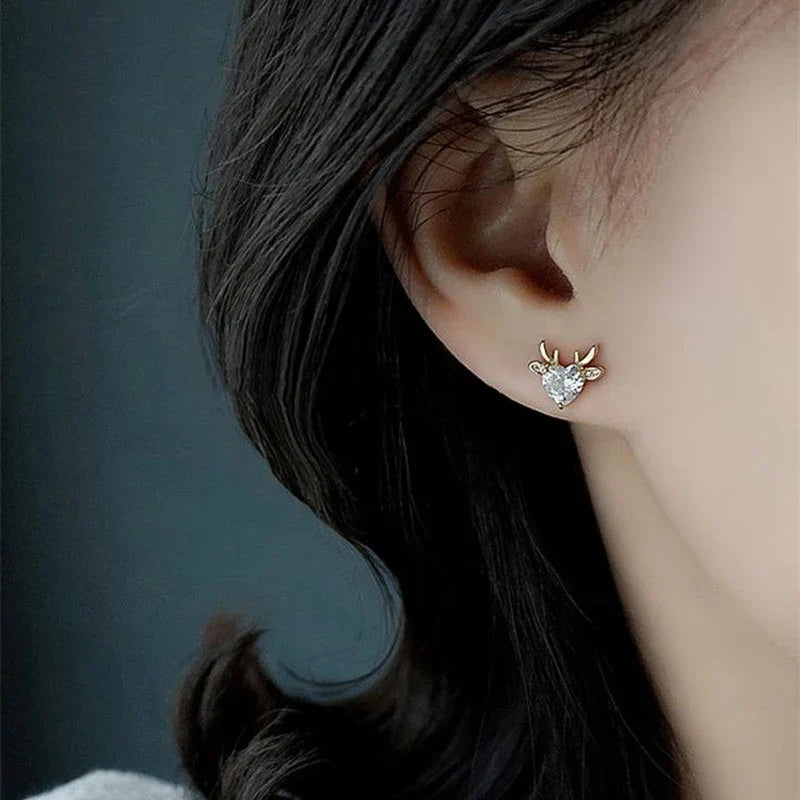 Huitan Elk Stud Earrings Gold Cubic Zirconia Christmas Jewelry