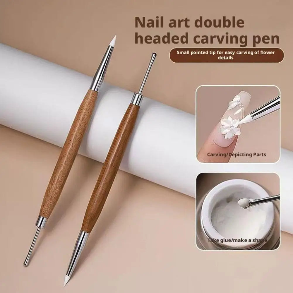 Dual-Head Nail Art Sculpture Pen & Brush – Wood Handle