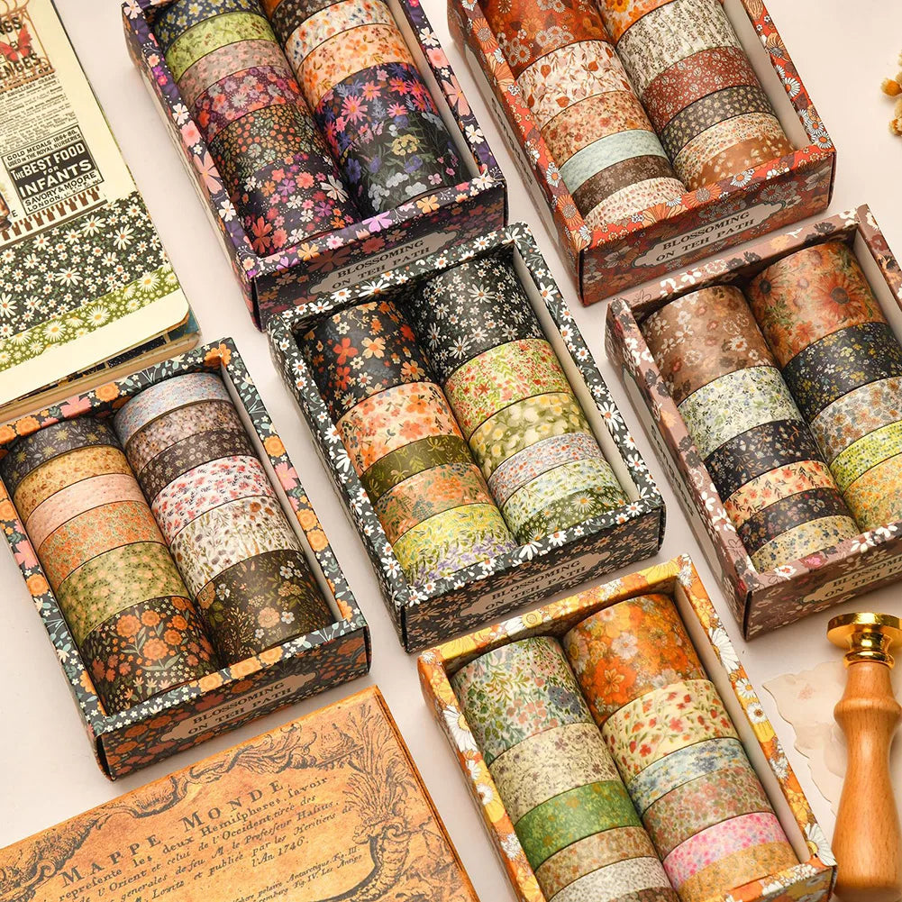 12-Roll Floral Washi Tape Set – Vintage Plant DIY Craft Tapes