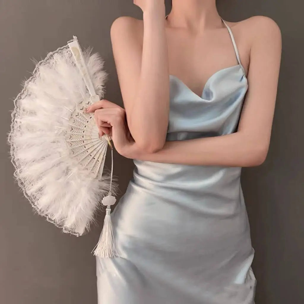 Chinese Vintage Retro Foldable Hand Fan Feathers Lace Folding