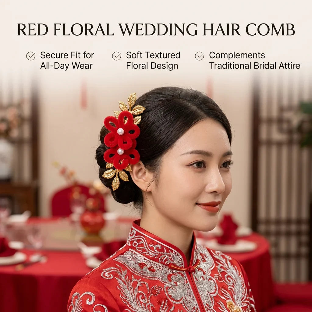 Vintage Red Flower Hair Comb | Chinese Bridal Headdress