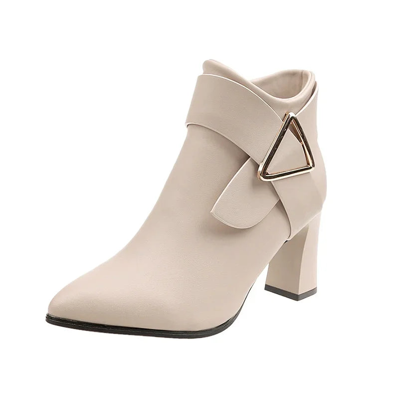 Women's PU Ankle Boots – Square Heel & Belt Buckle | Sizes 34–43