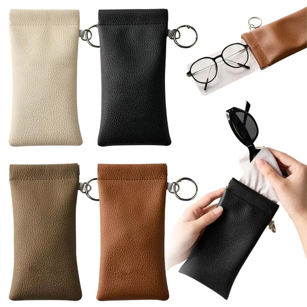 Snap-Shut Leather Glasses Pouch with Keyring & Lens Cloth