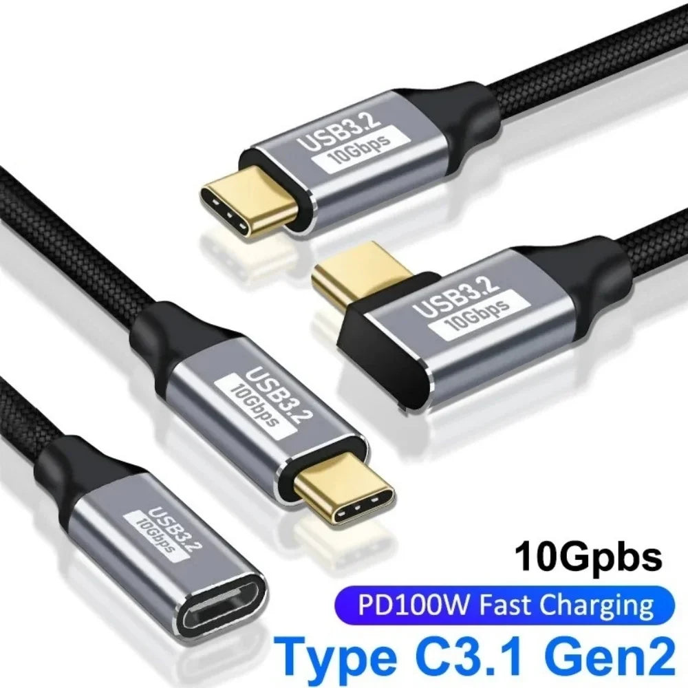 USB 3.2 Gen 2 Type-C Extension Cable 100W 10Gbps 90°