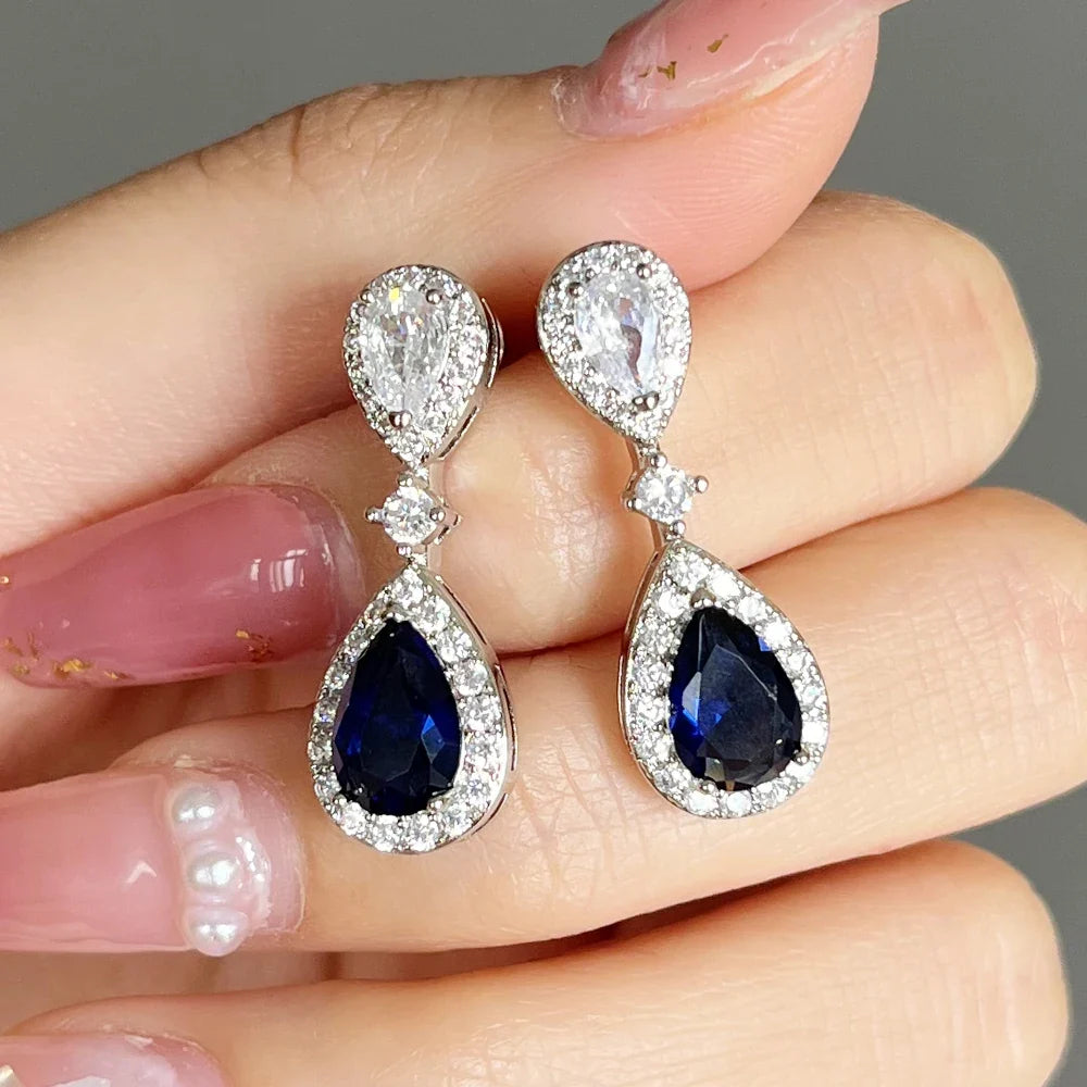 Huitan Water Drop CZ Earrings – Blue & White Cubic Zirconia