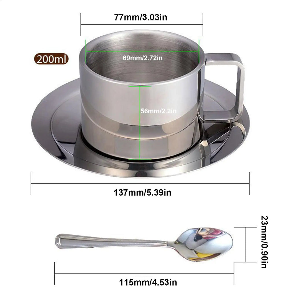 Double Wall Stainless Steel Coffee Cup Set 200ml | Saucer & Spoon