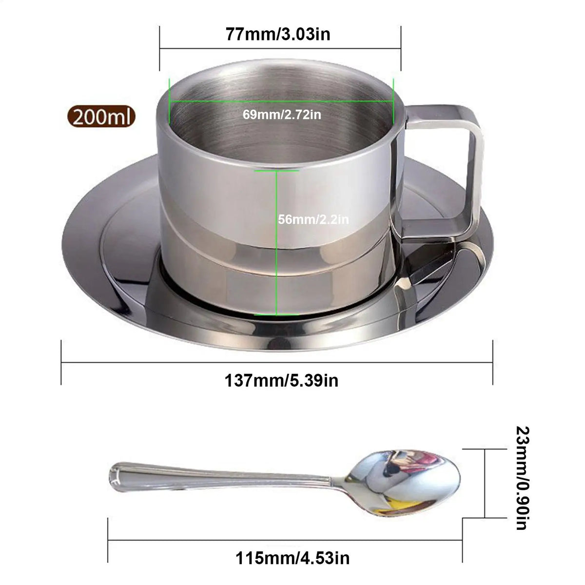Double Wall Stainless Steel Coffee Cup Set 200ml | Saucer & Spoon