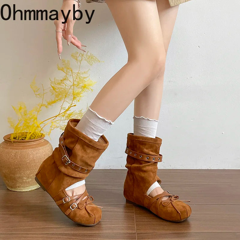 Women's Vintage Hollow Wedge Sandal Boots – Slip-On Western