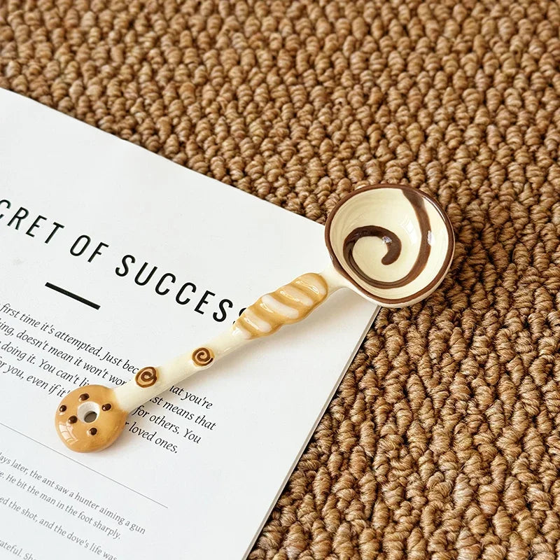 Ceramic Long Handle Spoon – Cute Baked Goods Underglaze Design