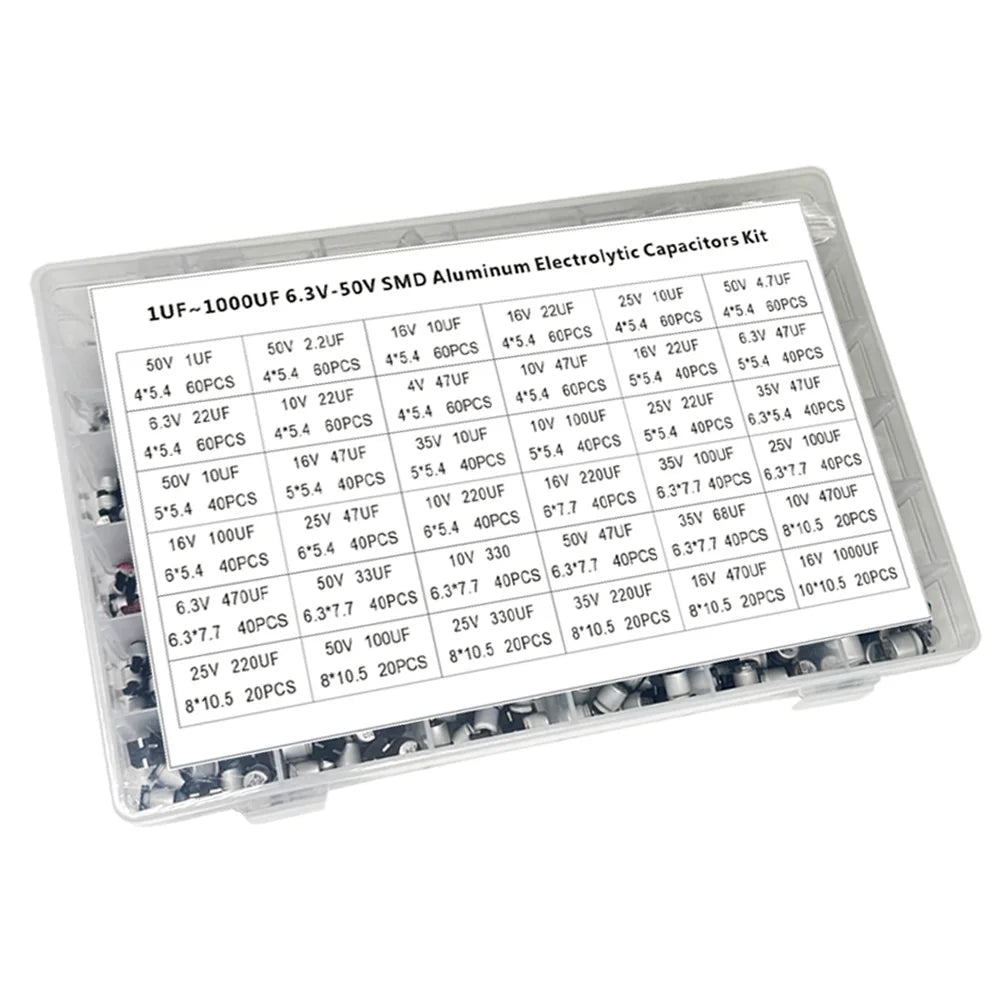 1500PCS SMD Electrolytic Capacitor Kit – 36 Values 1µF–1000µF