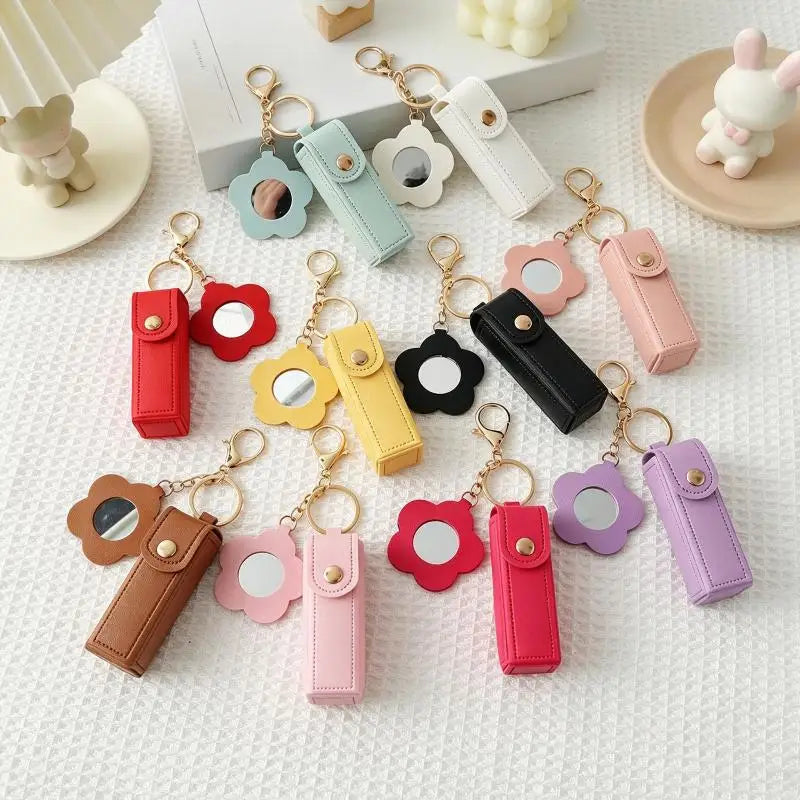 PU Leather Lipstick Holder Keychain with Flower Mirror
