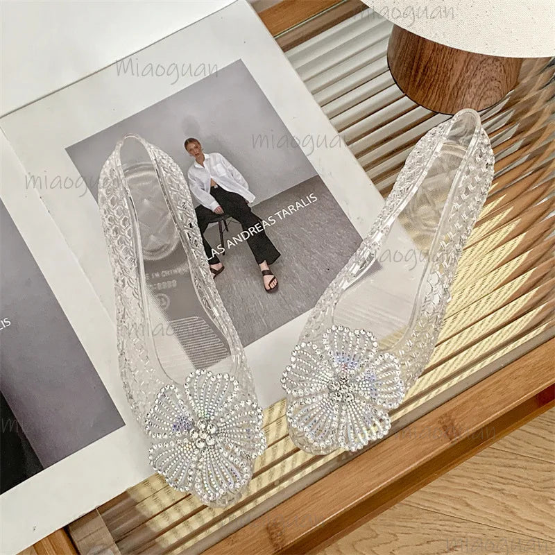 Crystal Jelly Sandals – Diamond Flower Pointed Toe Flats for Women