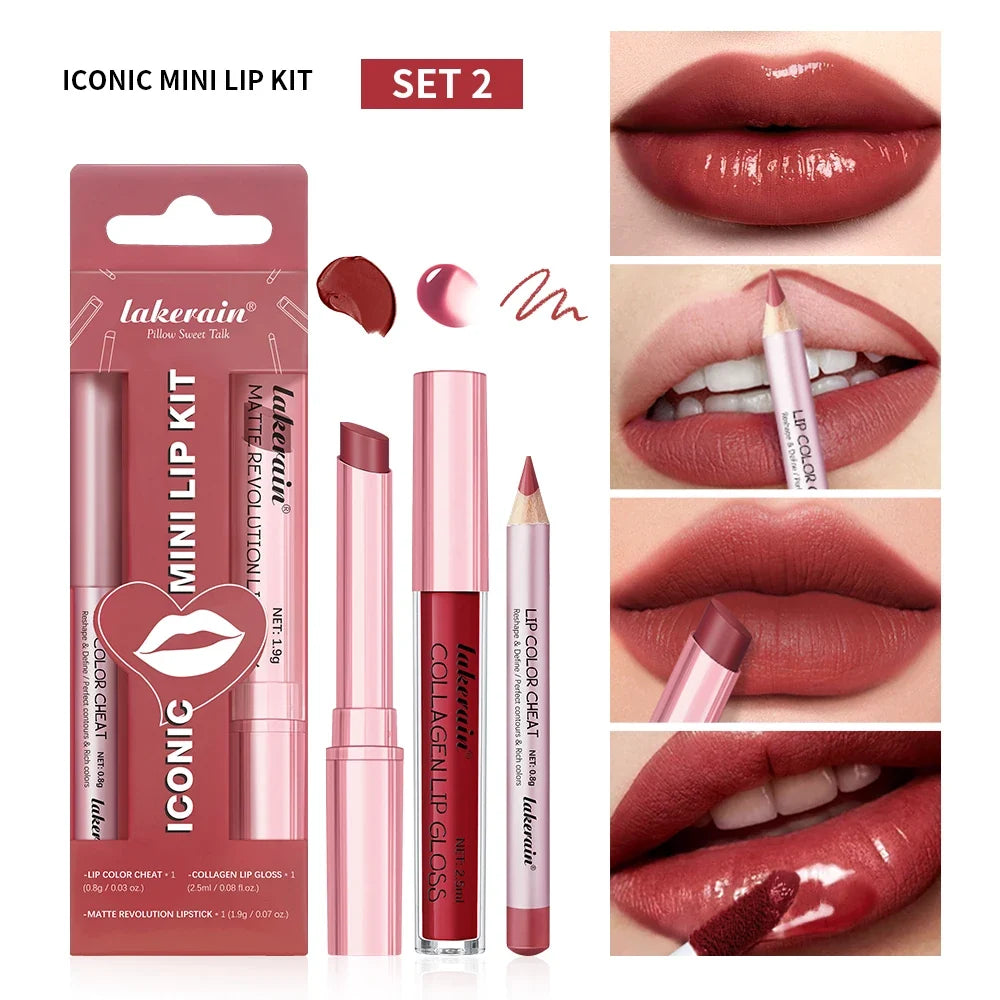 Lakerain Mini Lip Kit – Liner, Lipstick & Gloss Travel Set
