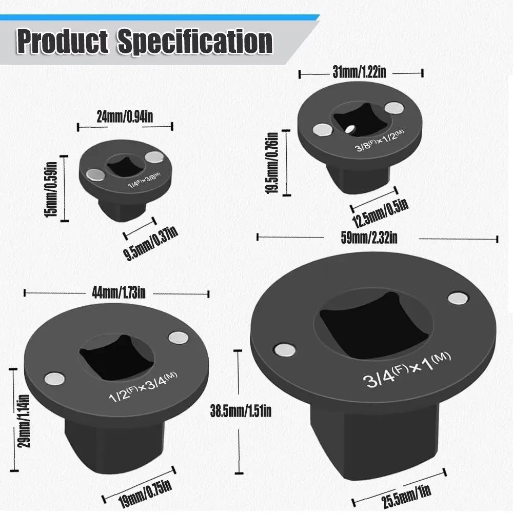 4-Piece Low-Profile Impact Socket Adapter Set | 1/4 to 1" Drive