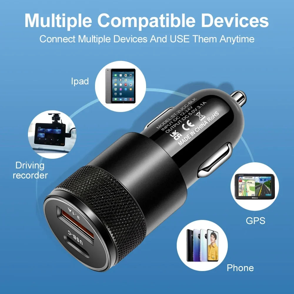 3.1A Dual USB Car Charger QC3.0 & PD Fast Charge Adapter