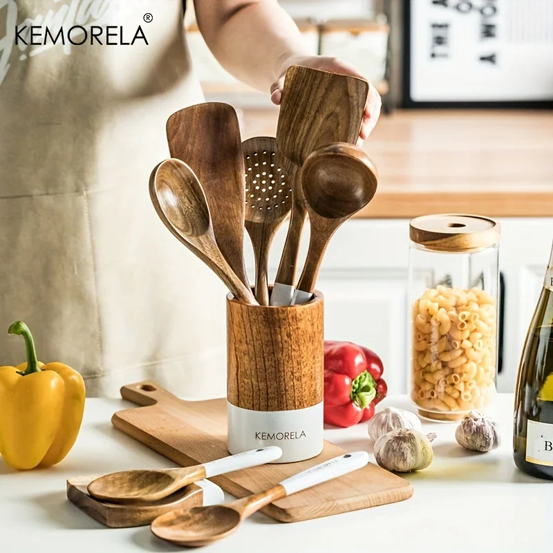 KEMORELA 9-Piece Acacia Wood Cooking Utensils Set with Holder