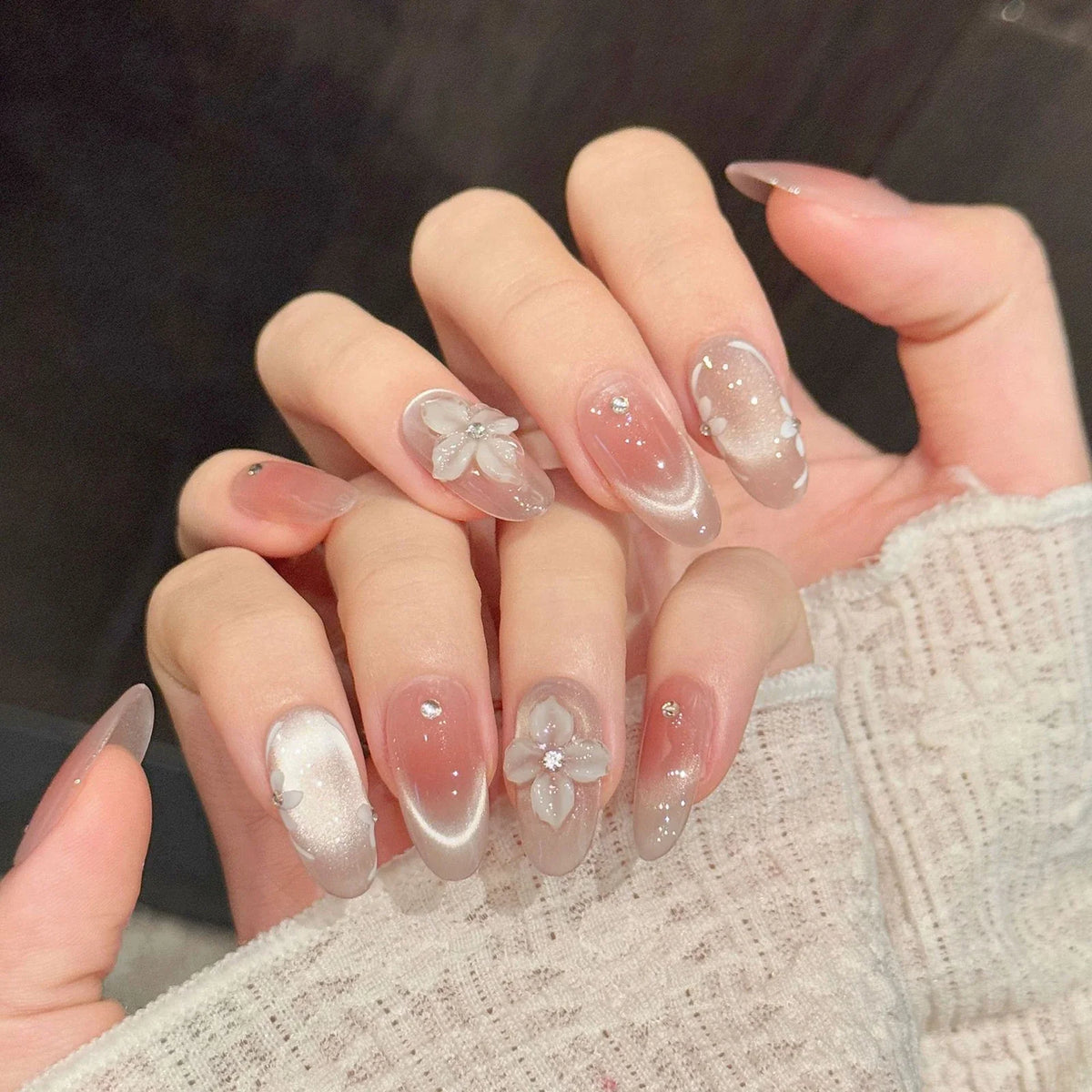 Handmade Press On Nails French Cat's Eye 3D Floral Tips 10pcs