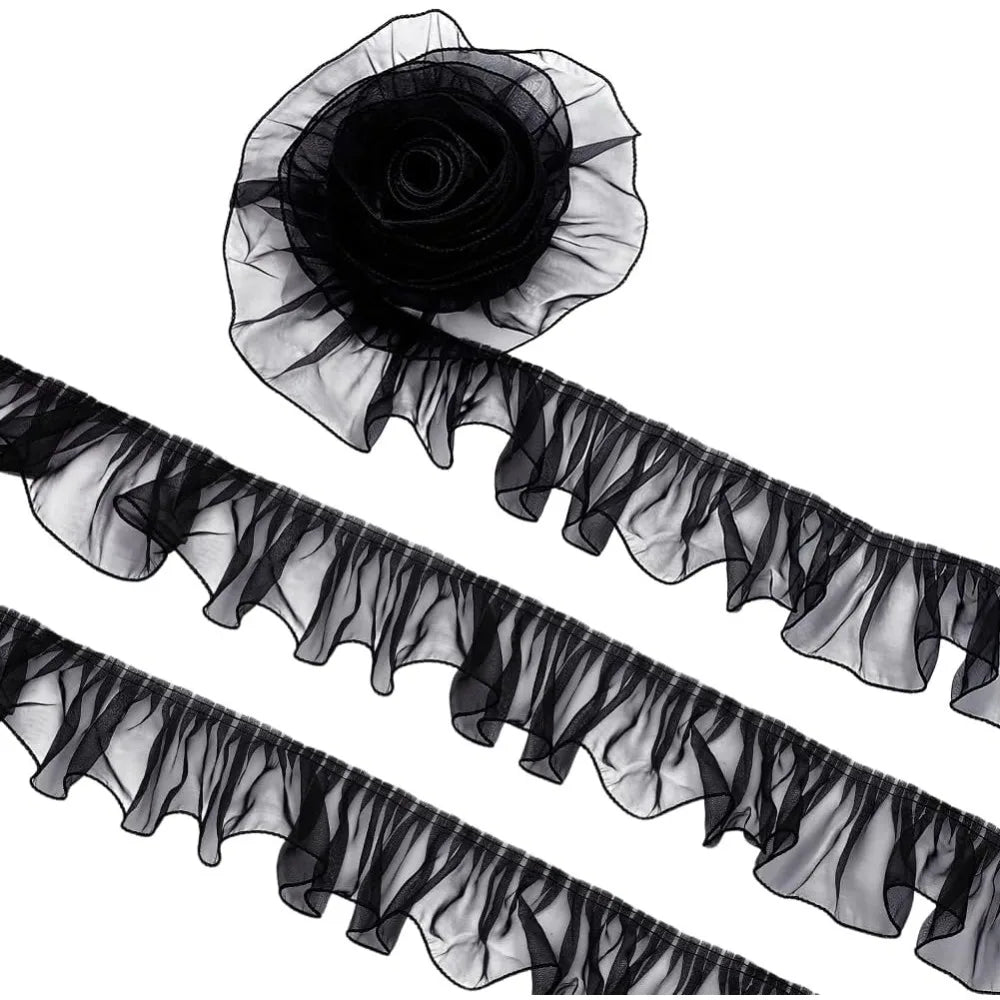 Black Organza Pleated Lace Ribbon Flower Trim 95mm – 8 Yards