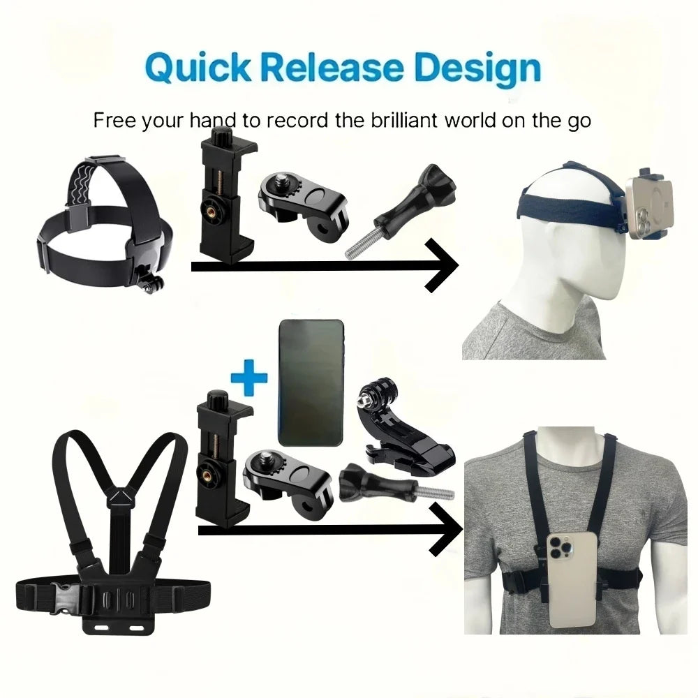 6-Piece Action Camera Mount Kit – Head & Chest Strap for GoPro