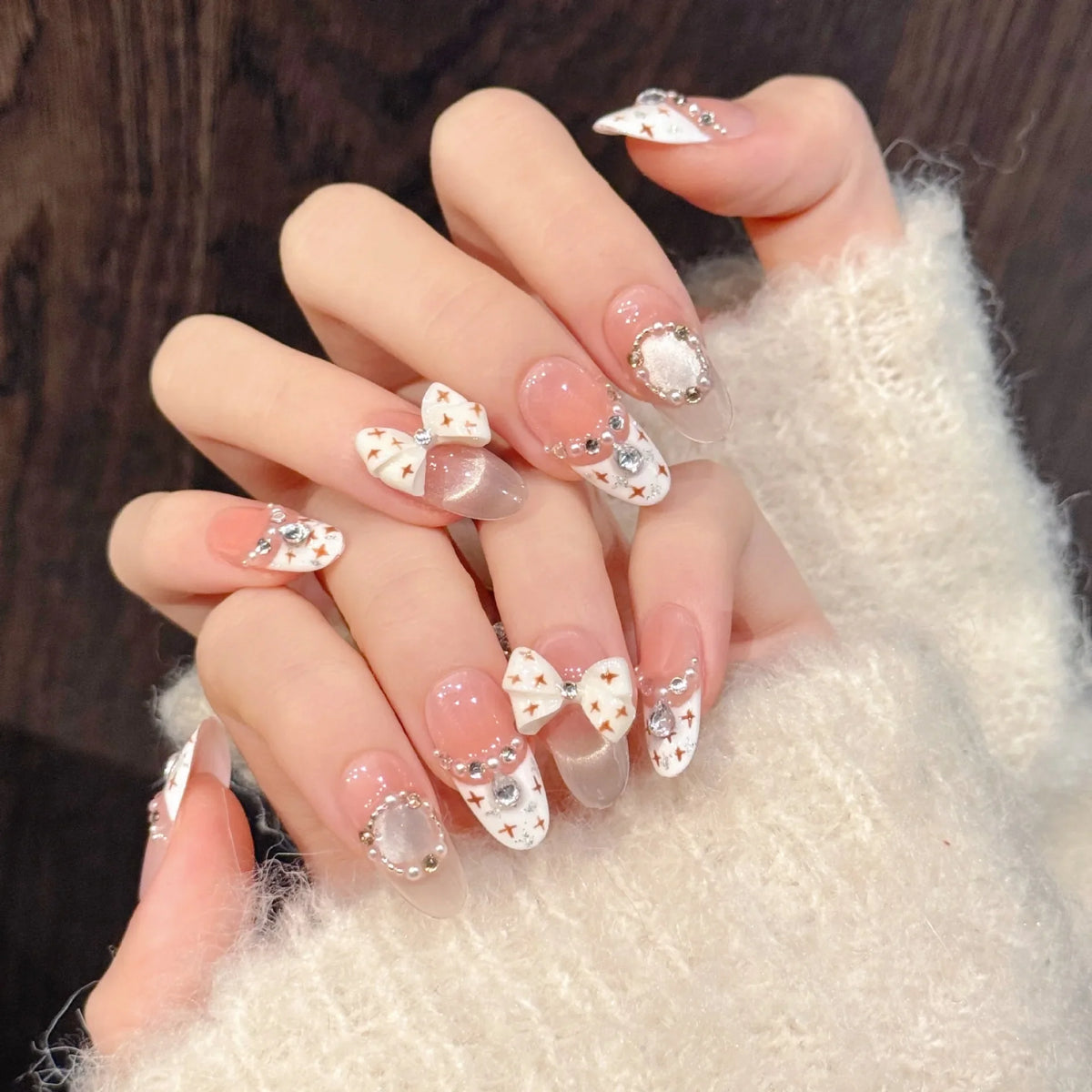 10pcs French Cat's Eye Press-On Nails | 3D Pearl Bow Almond