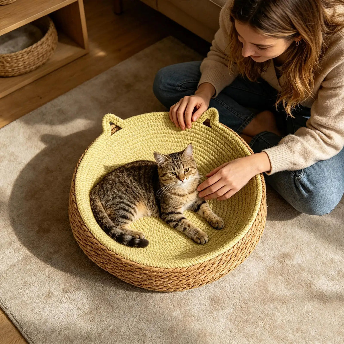Round Cat Scratcher Breathable Pad Kitten Ear Design Cotton Rope