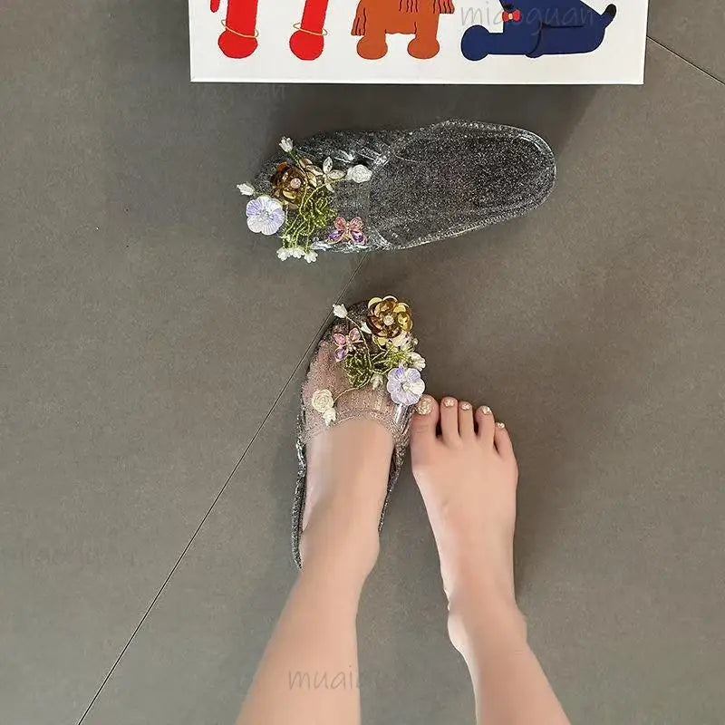 Crystal Flower Jelly Sandals – Women's Beach Slip-On Slippers