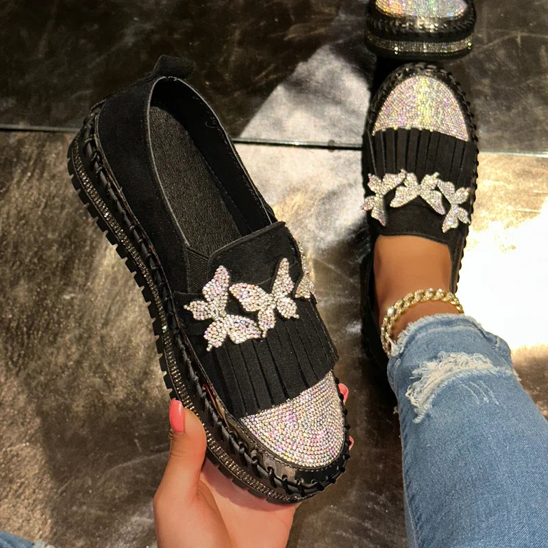 Women's Rhinestone Loafers – Cow Suede Slip-On Flat Shoes