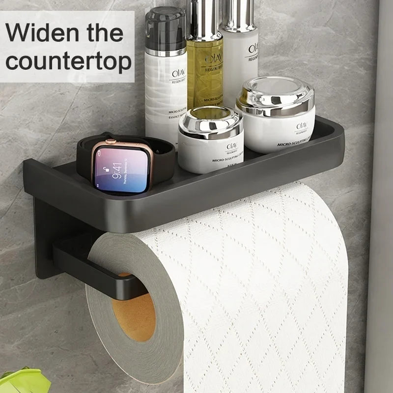 Wall-Mounted Aluminum Toilet Paper Holder with Phone Shelf