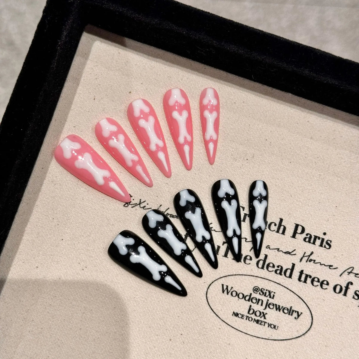 Halloween Cat Paw Press-On Nails – Long Pointed Pink & Black
