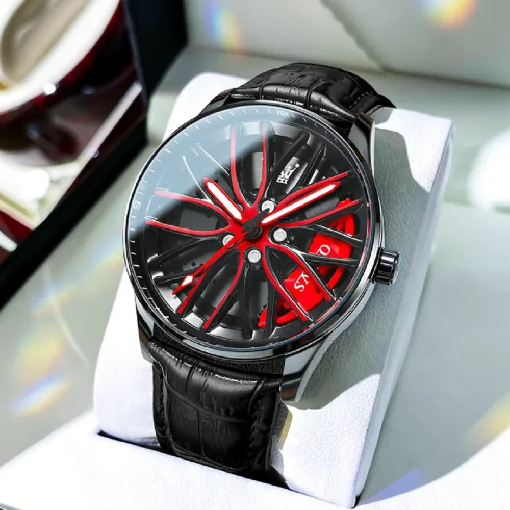 Men's Car Rim Quartz Watch – Leather Strap & Round Dial