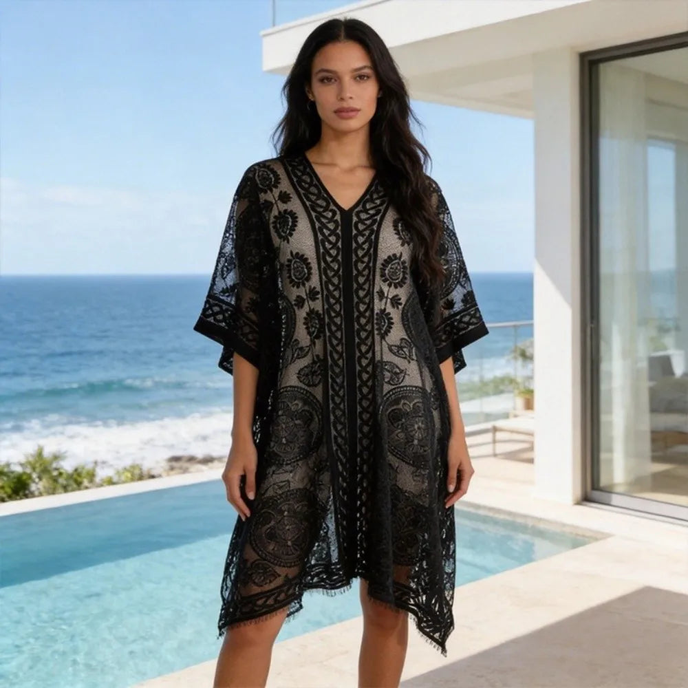 Lace Mesh Beach Cover Up – Bohemian Shawl Plus Size Women